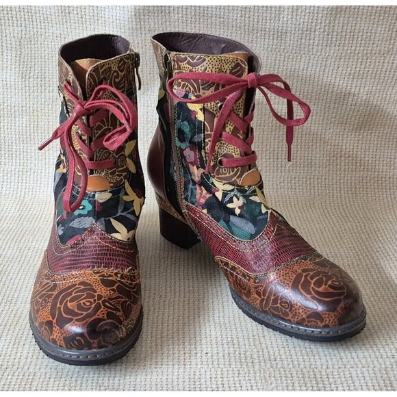 Unique Bohemian Floral Brown Leather Cloth Ankle Boots Small Heel Booties Size 9 - Picture 1 of 12